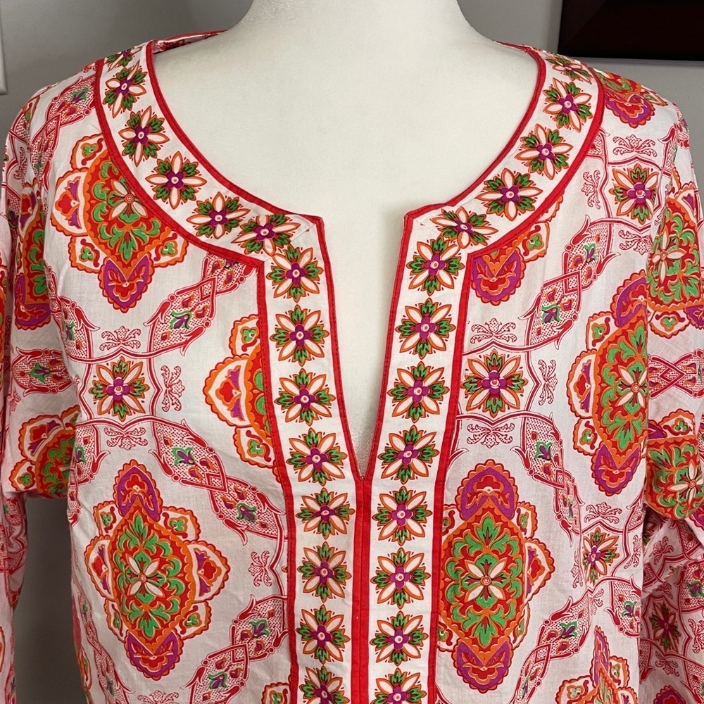 Gretchen Scott Tunic Top 3/4 Sleeve Sz XXL 2XL Goddess Orange Pink Beach - Picture 2 of 8